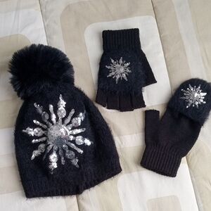 Elegant Black Knit Glove/Mittens Set with Silver Sequin Embellishments